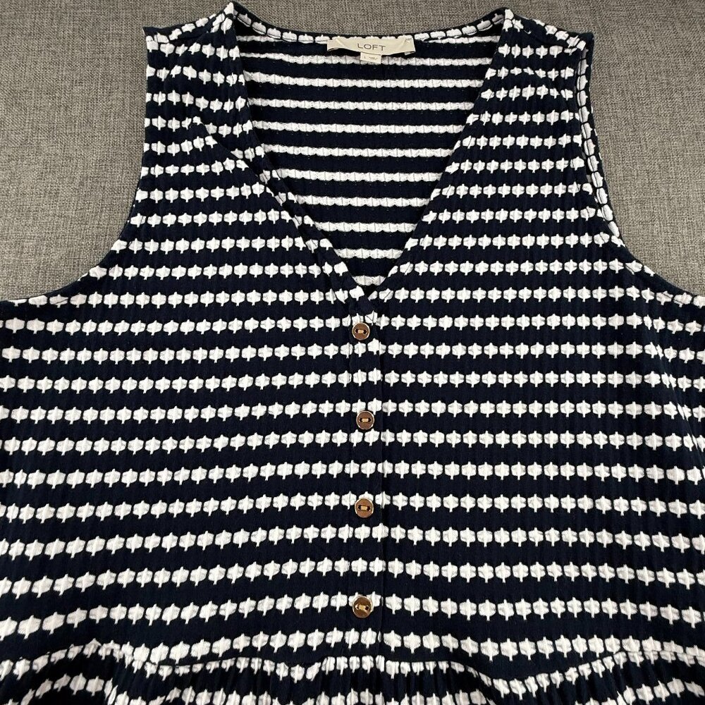 LOFT Jacquard swing Dress V-Neck Sleeveless Navy & White Large Cotton Blend - Picture 6 of 14